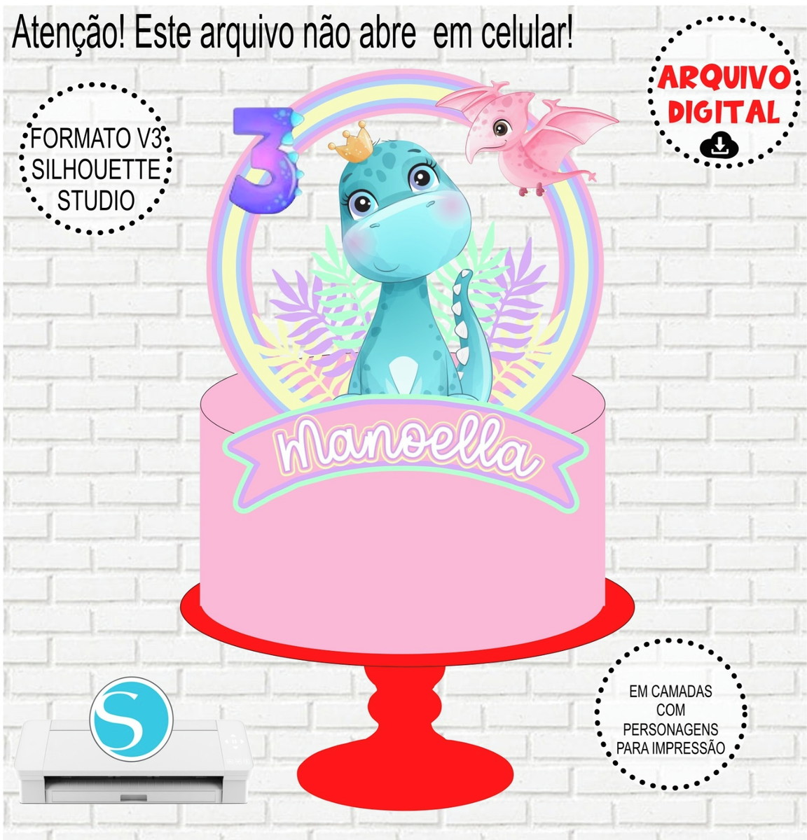 Arquivo de Corte Topo de Bolo Shaker Dino Menina #937