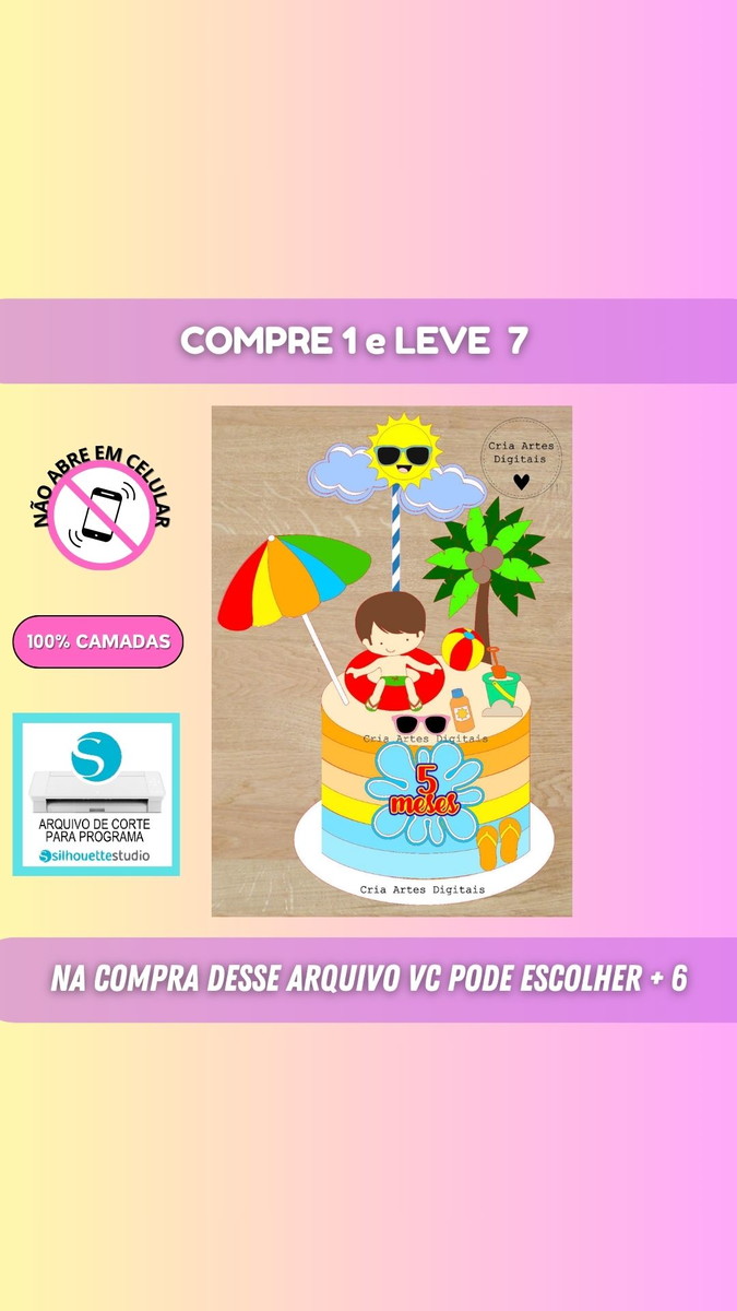 Arquivo Digital Topo para Bolo Praia Menino + 6 Arquivos - Imagem 2