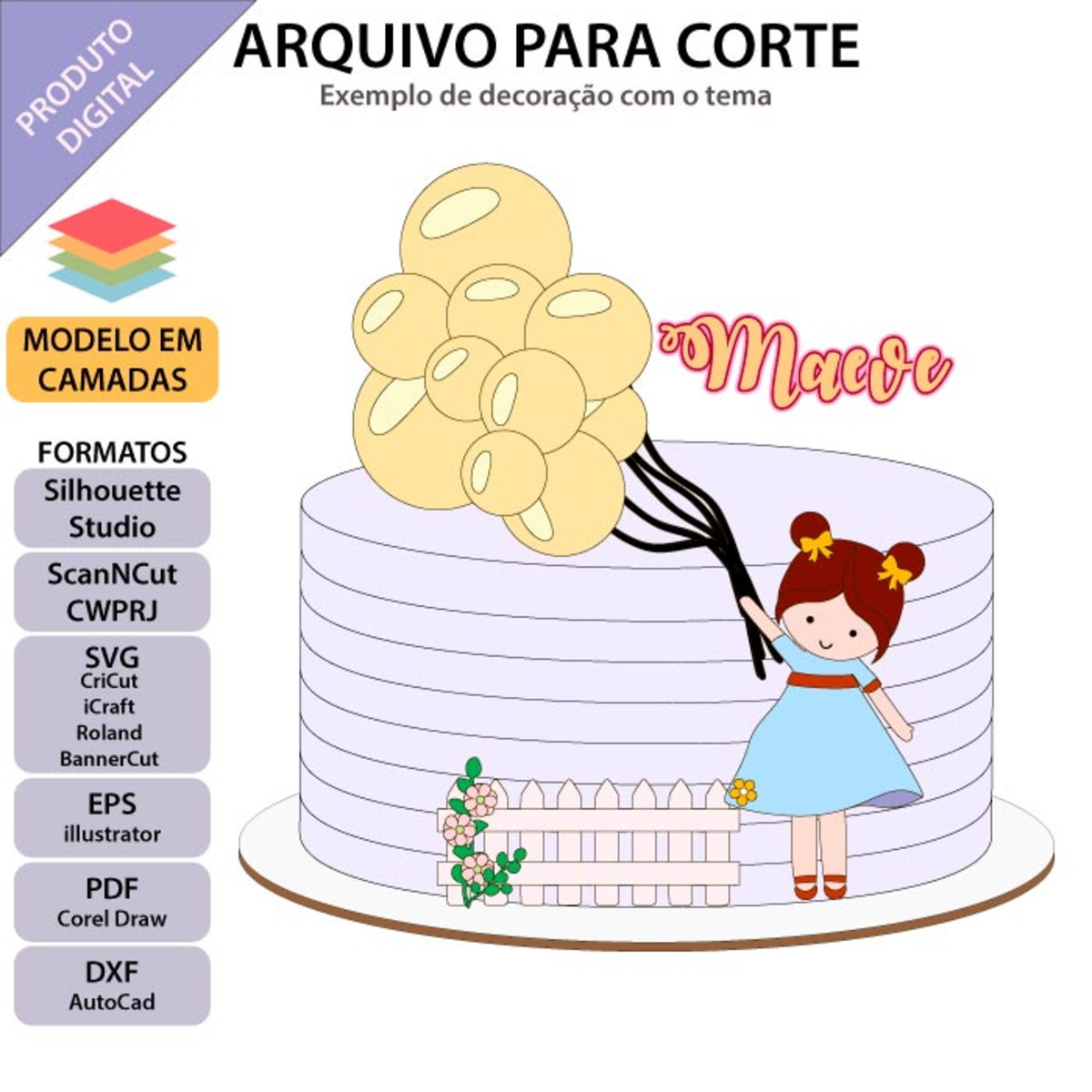 ARQUIVO Topo de bolo Menina Com Balões +1 arquivo da loja