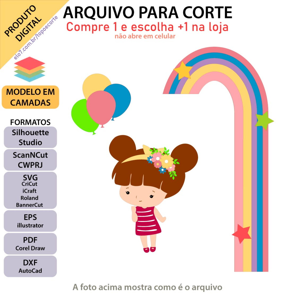 Arquivo Topo De Bolo Menina Com Balões +1 Arquivo Da Loja