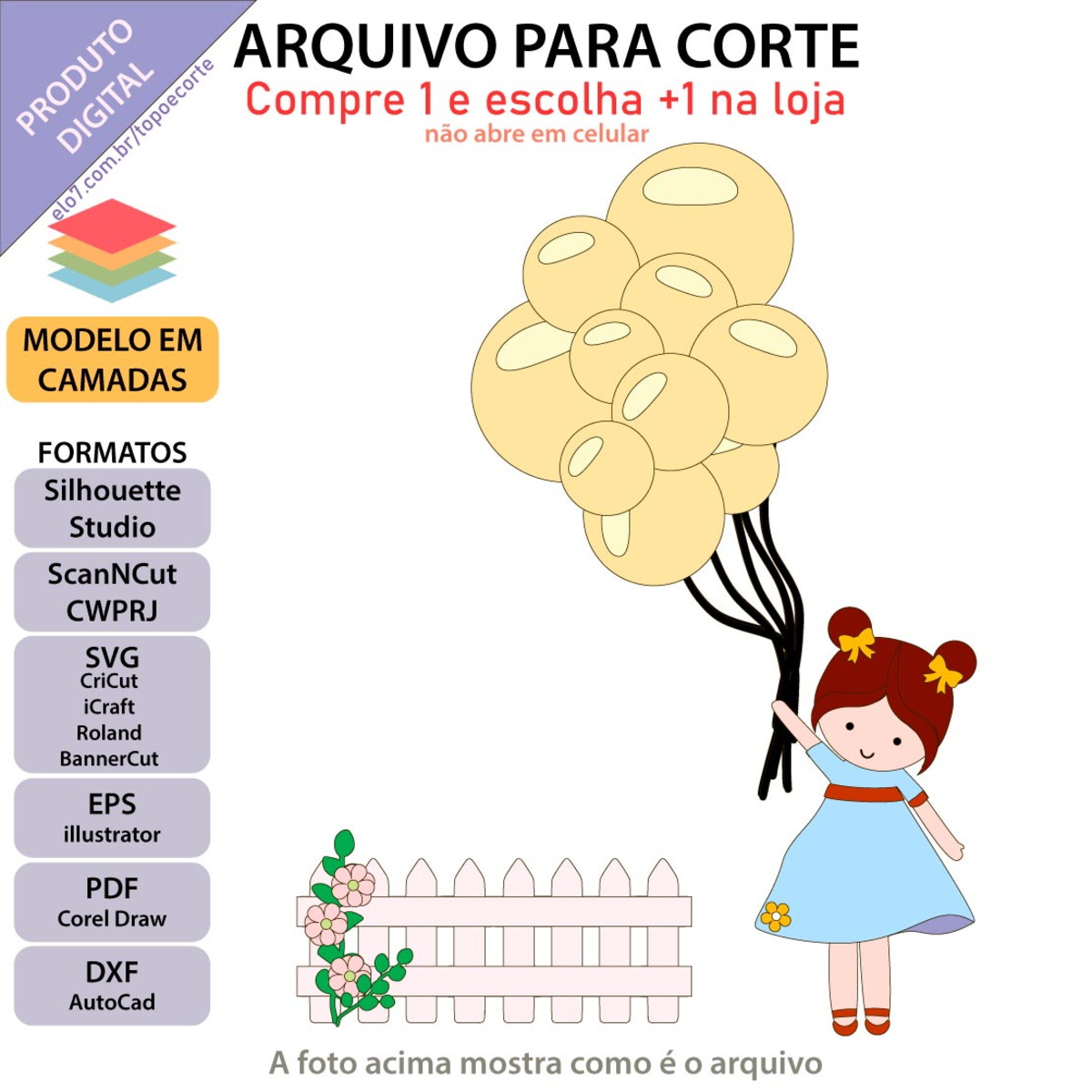 ARQUIVO Topo de bolo Menina Com Balões +1 arquivo da loja - Imagem 2