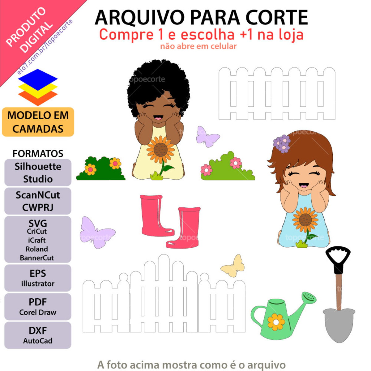 Arquivo Topo de Bolo Menina Jardinagem +1 Arquivo da Loja