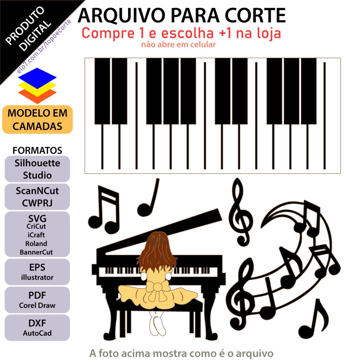 ARQUIVO Topo de bolo Menina Pianista +1 arquivo da loja