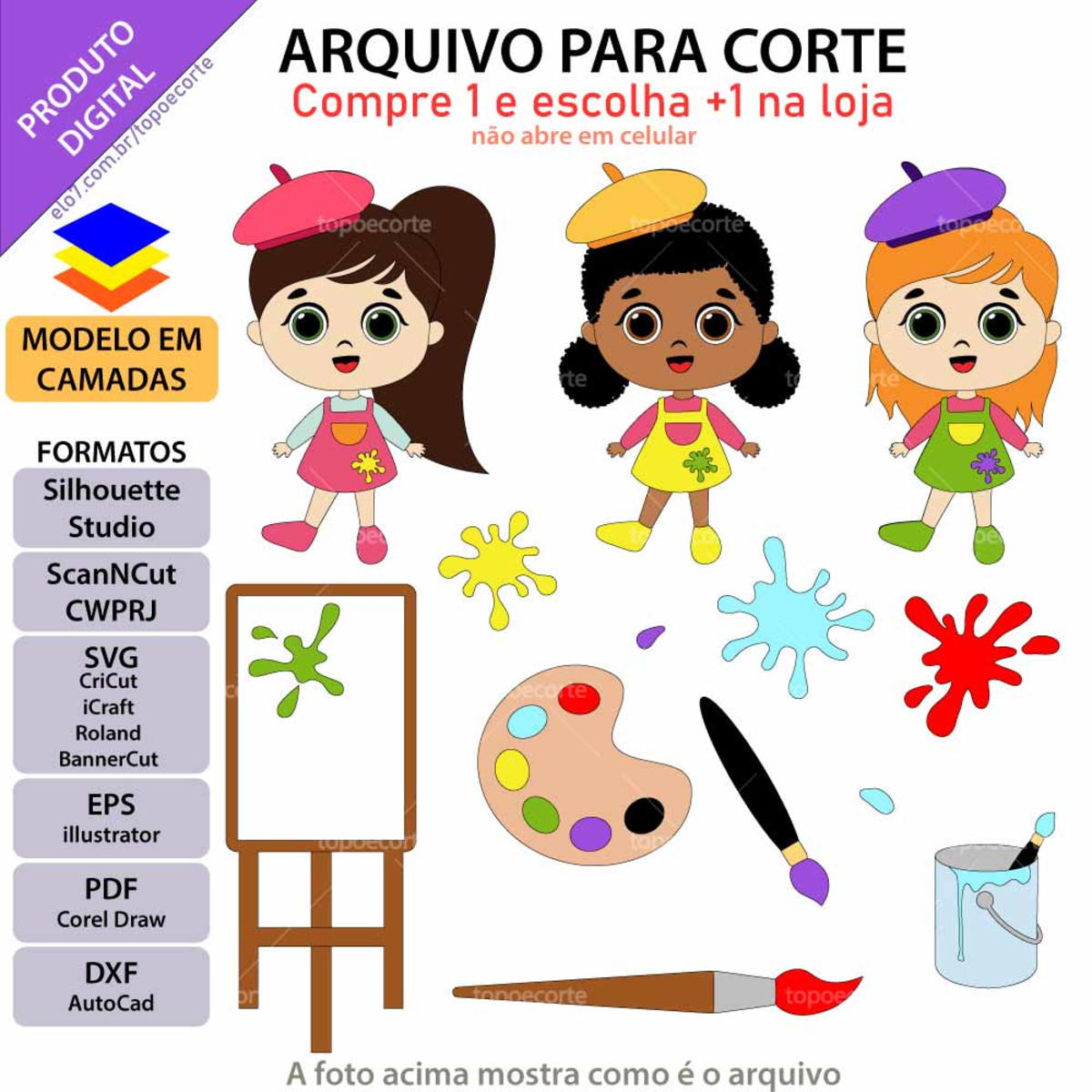 Arquivo Topo de Bolo Menina Pintura +1 Arquivo da Loja
