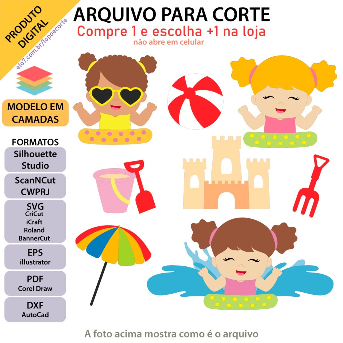 ARQUIVO Topo de bolo Praia Menina Na Boia +1 arquivo da loja - Imagem 2