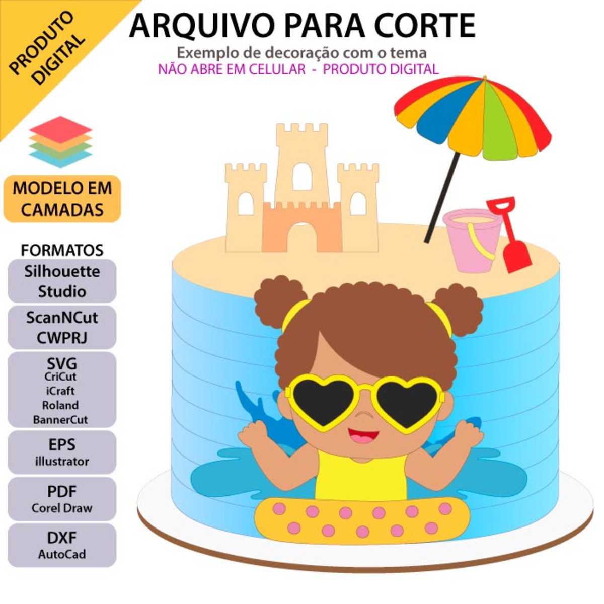 ARQUIVO Topo de bolo Praia Menina Na Boia +1 arquivo da loja