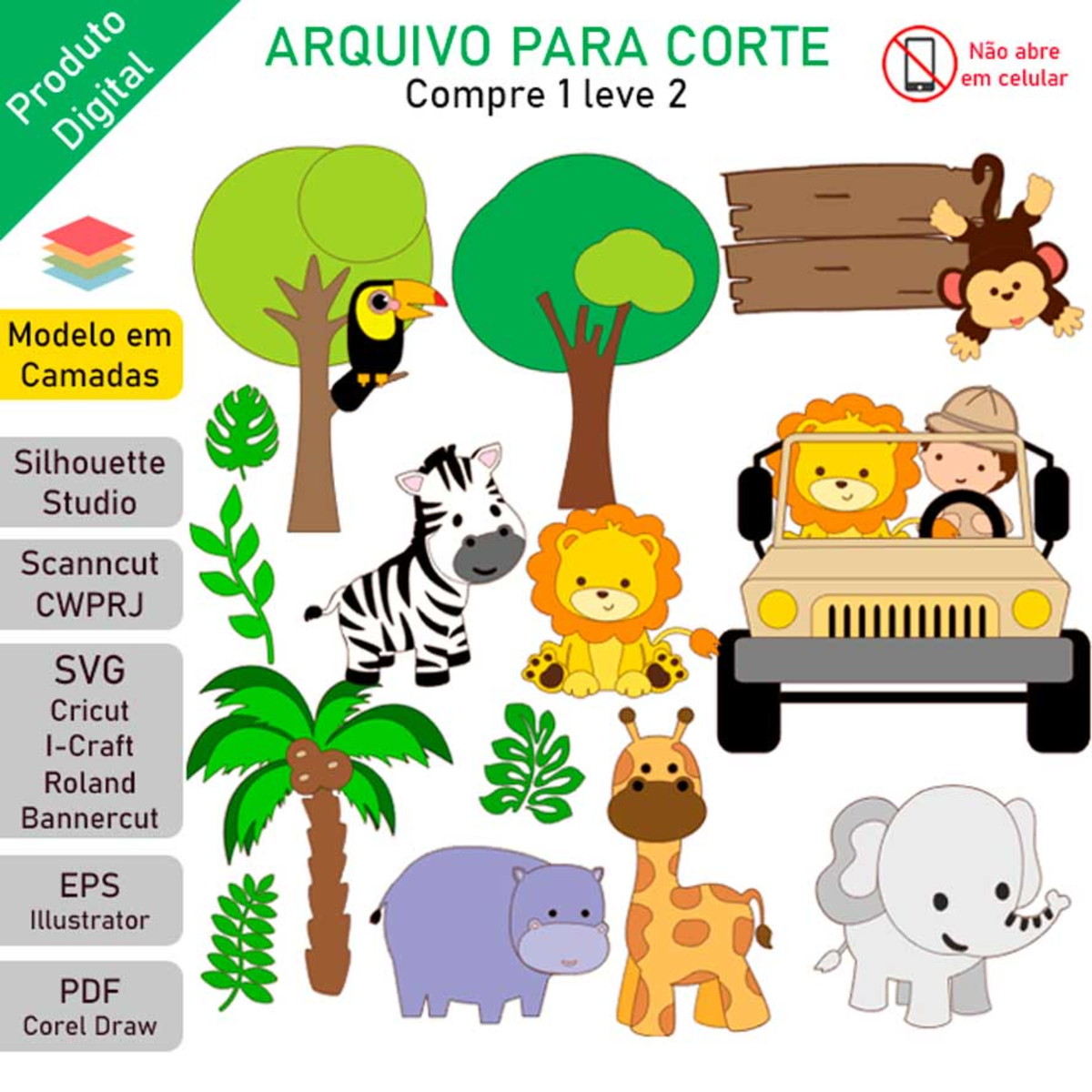 ARQUIVO Topo de bolo Safari Em Camadas +1tema
