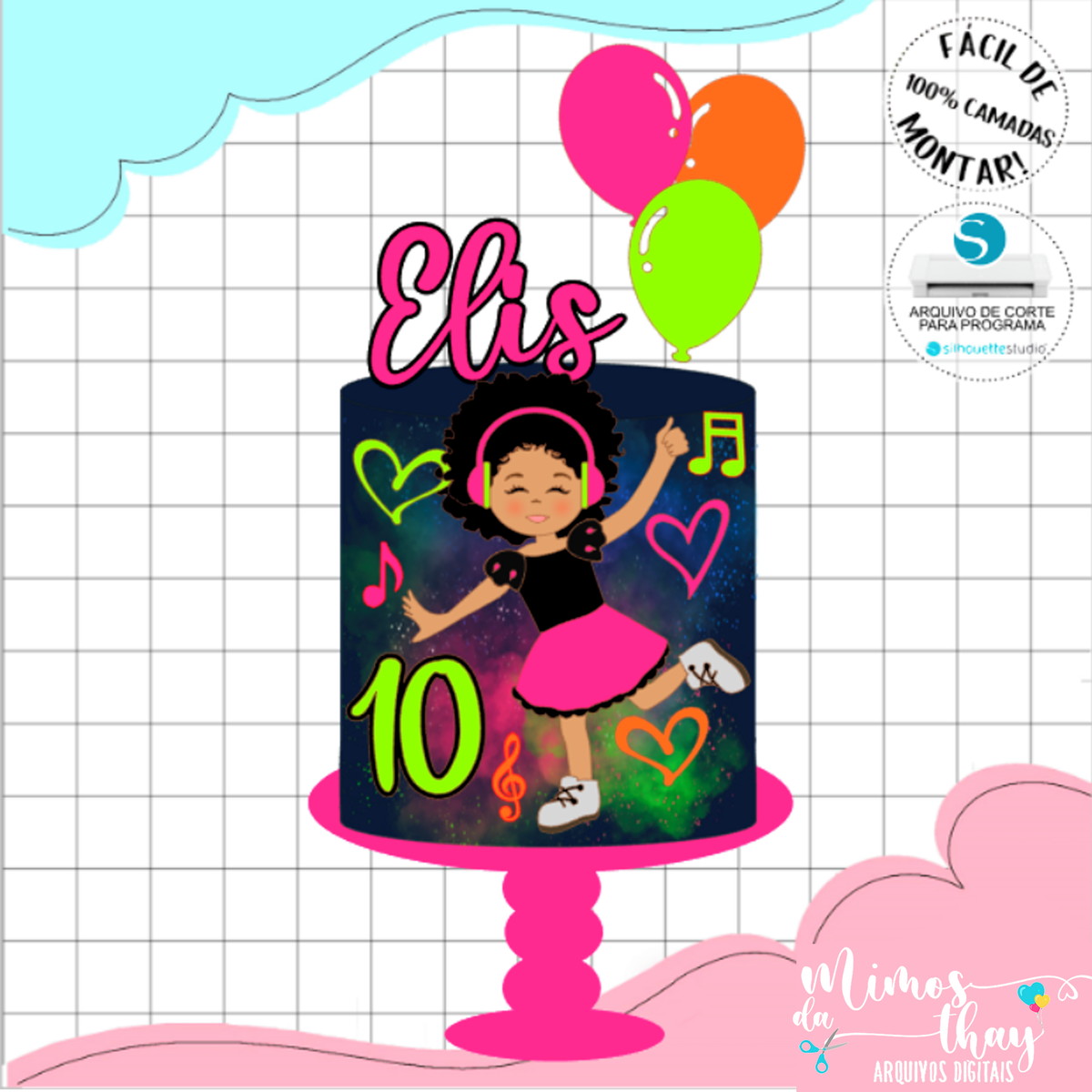 Arquivos de Corte: Topo de Bolo Menina Cacheada Neon 004
