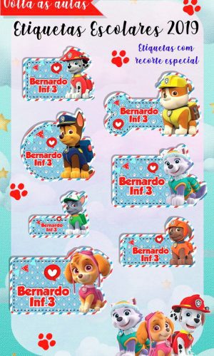 Etiquetas escolar patrulha canina menina e menino
