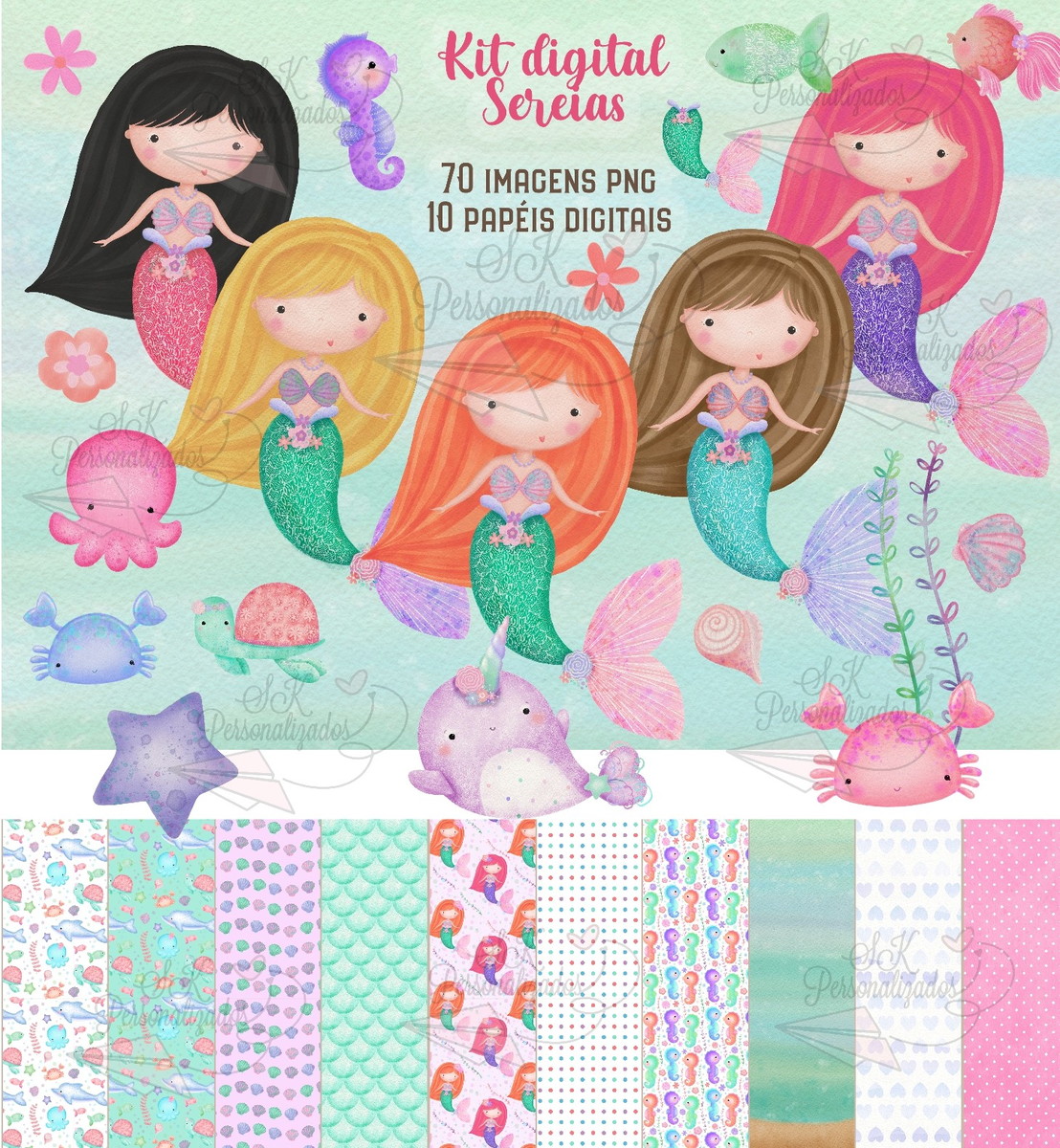 Kit Digital Sereias Aquarela 1078