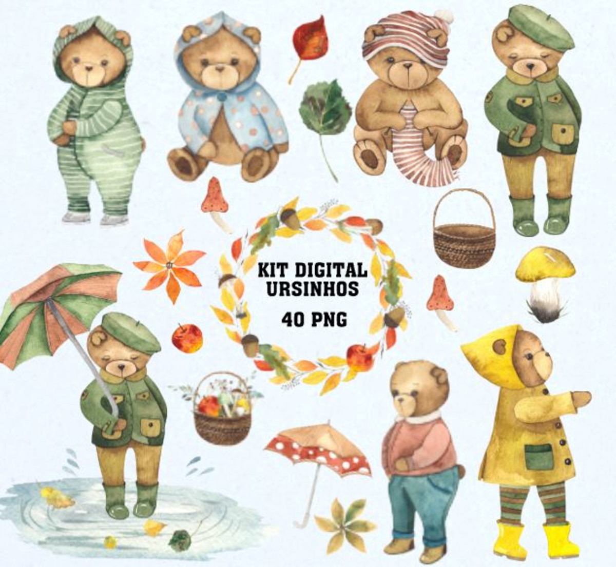 Kit Digital Ursinhos Aquarela 1580