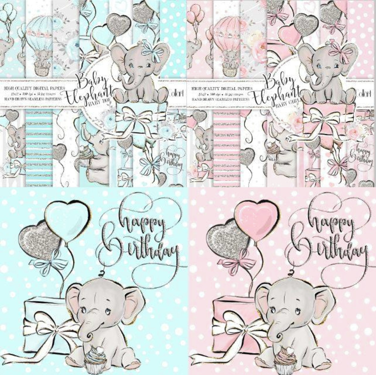 Kits Digitais Elefantinho Baby Boy/baby Girl 4 Kits