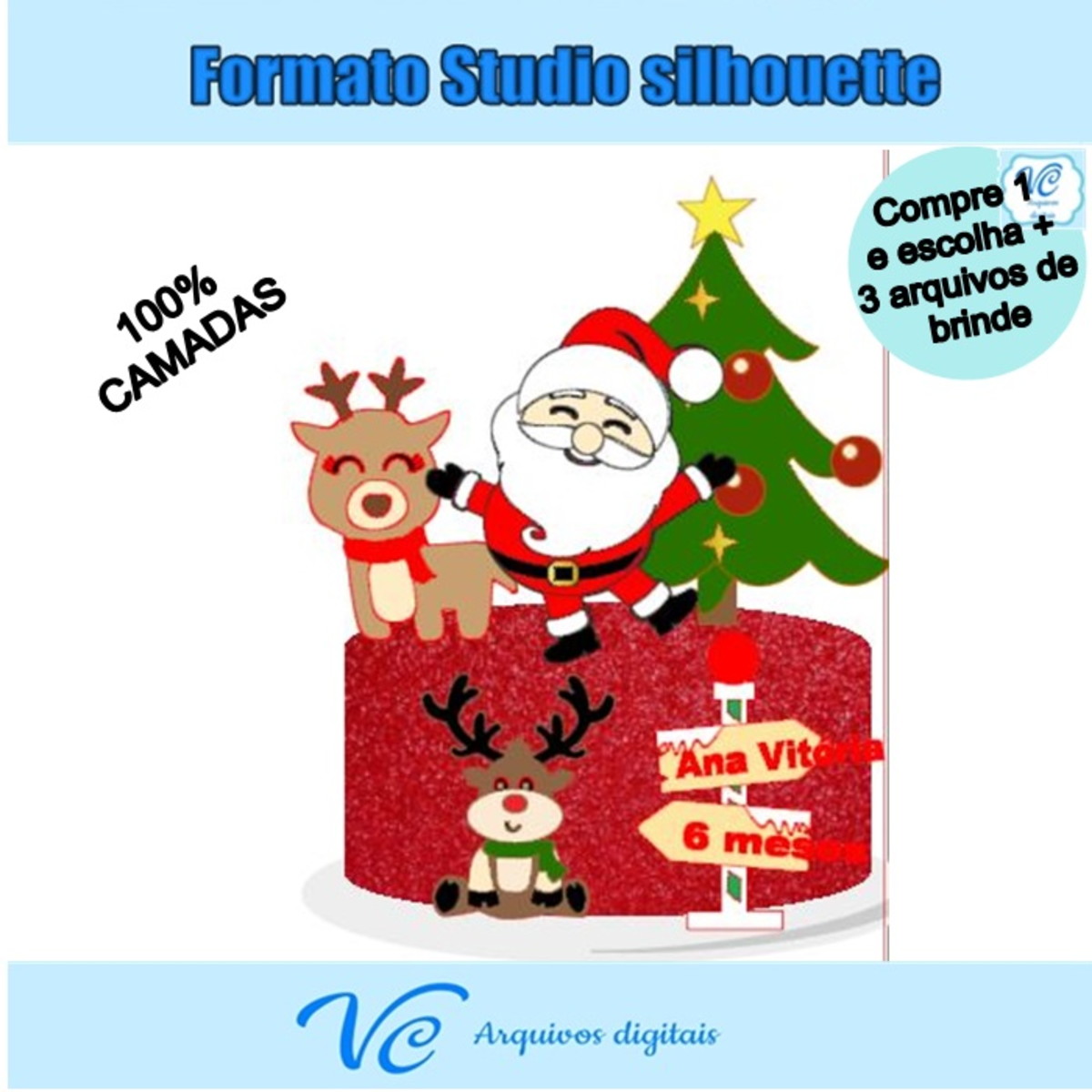 M113- Arquivo corte Topo de bolo Natal Papai Noel Rena -09