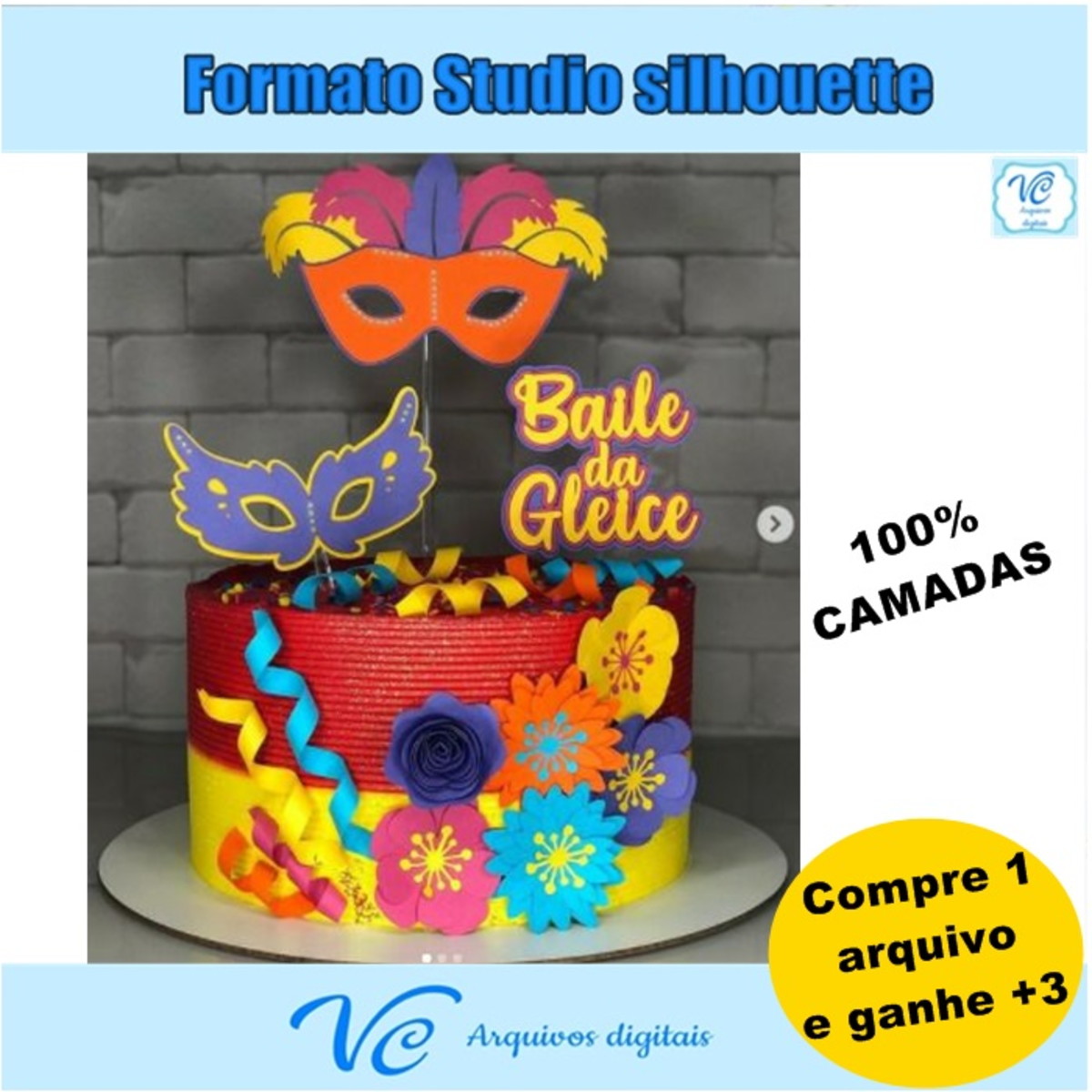 M158- Arquivo de corte Topo de Bolo Carnaval Mascaras 08