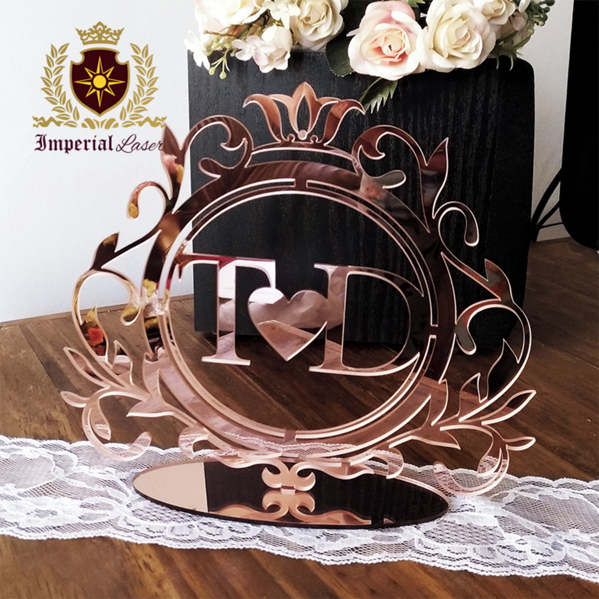 Topo de Bolo Brasão Espelhado Rosé Gold - Imagem 3