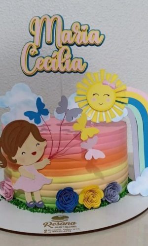 Topo de Bolo Menina com Arco Iris