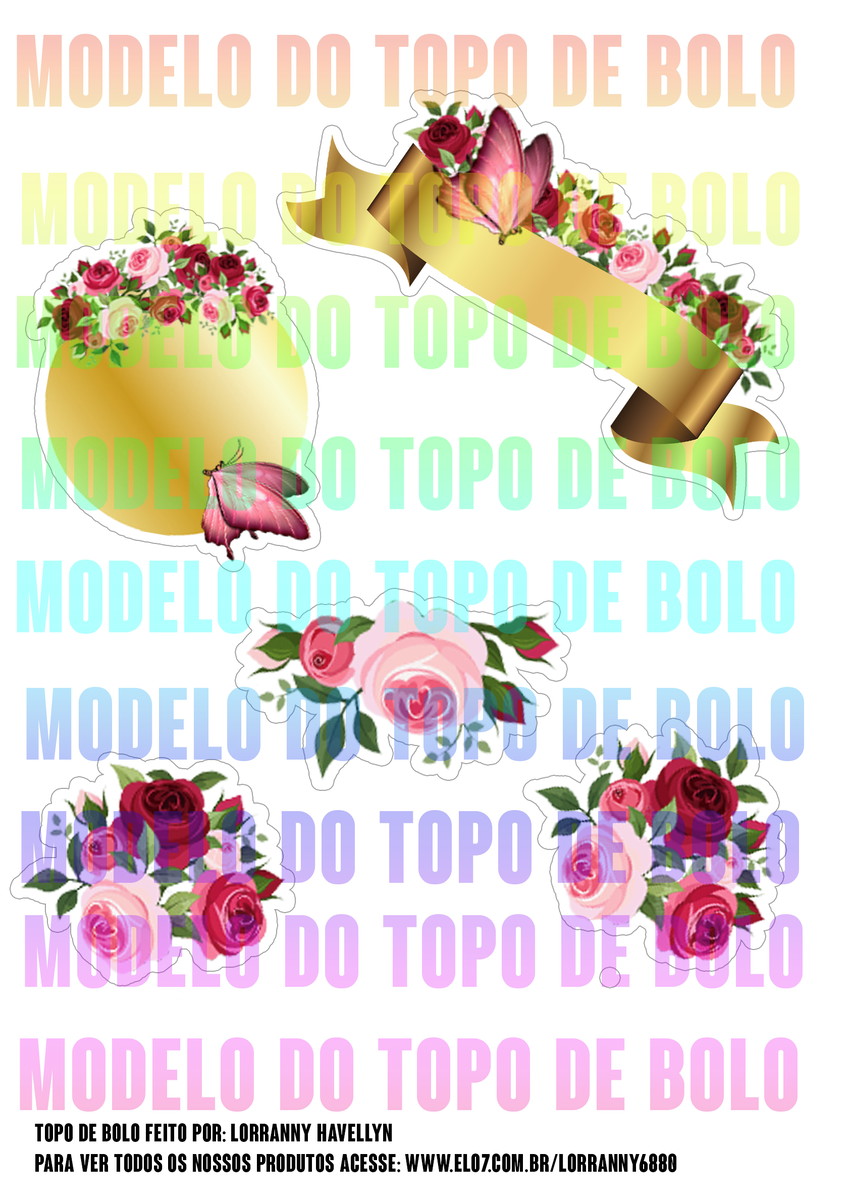 Arquivo de Digital Topo de Bolo Rosas com Dourado #1 Pdf/jpg - Imagem 3