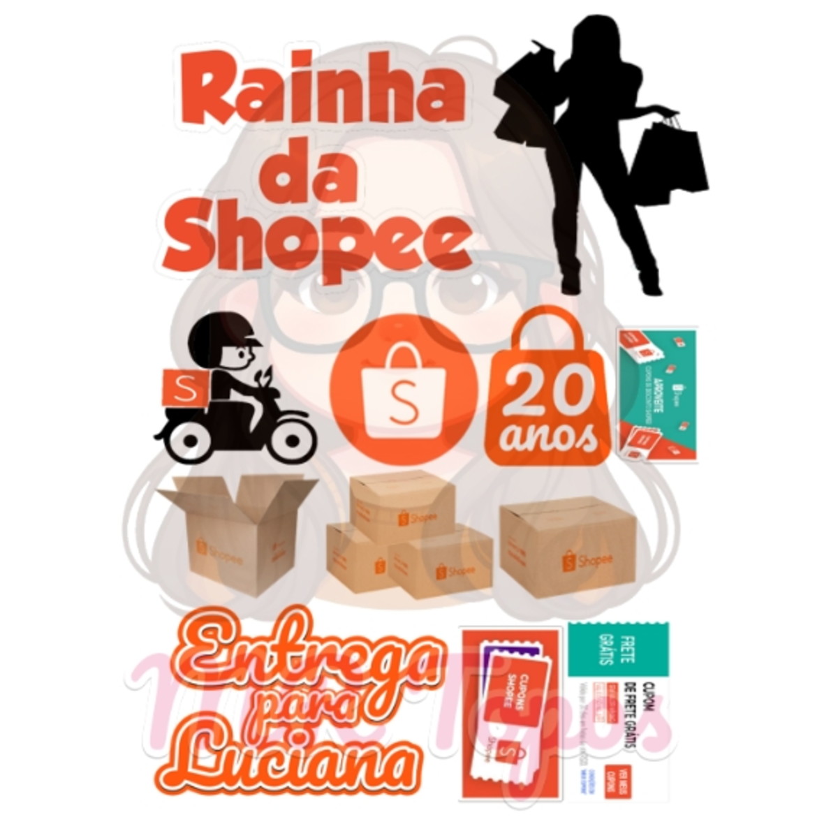 Topo de Bolo Shopee Mulher - Arquivo Digital Pdf/jpg