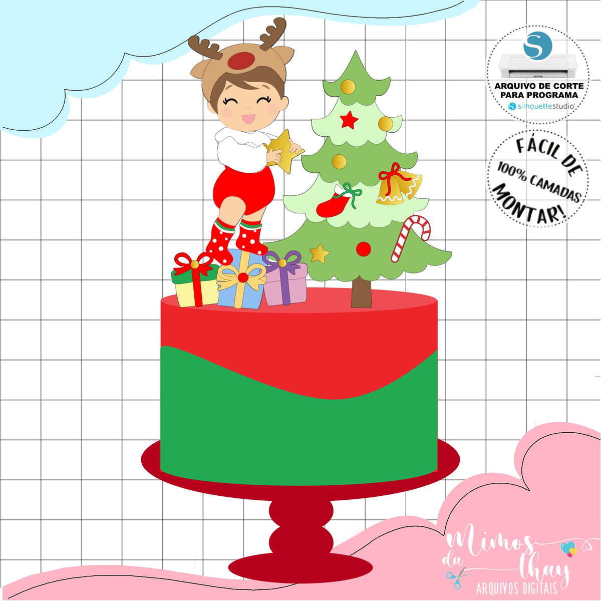 Arquivo Corte: Topo de Bolo Natal Menina Gorro de Rena 162