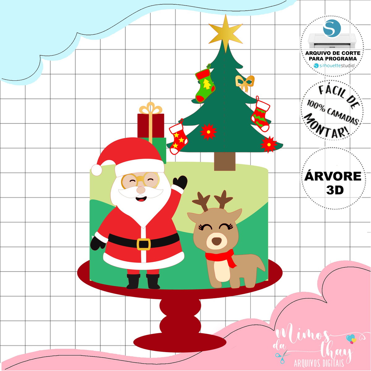 Arquivo Corte Topo de Bolo Natal Papai Noel + Árvore 3d 148