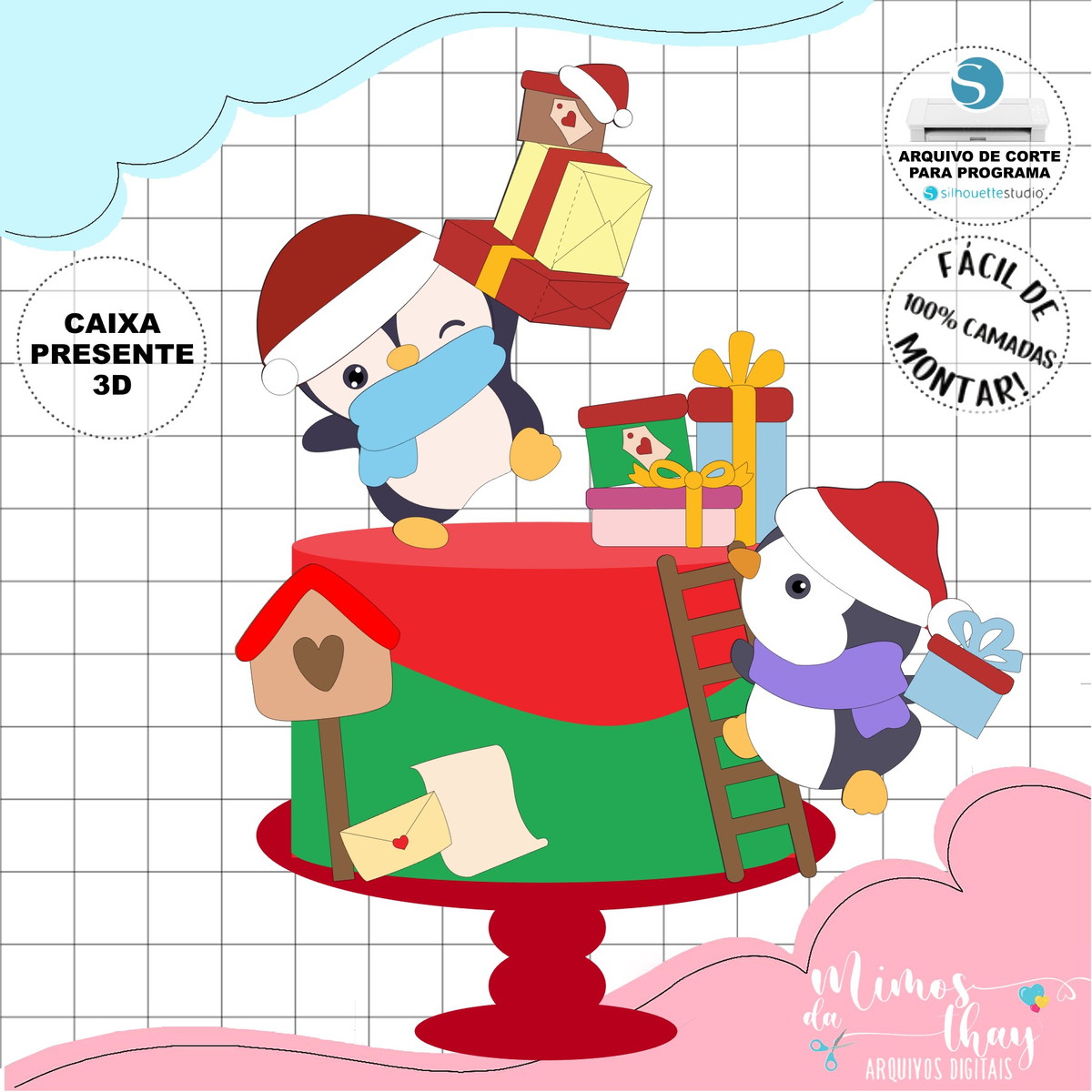 Arquivo Corte Topo de Bolo Natal Pinguins + Presentes 3d 157