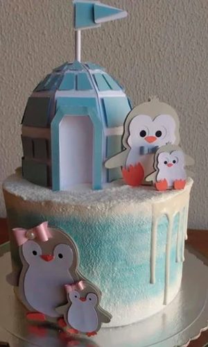 Arquivo Corte: Topo de Bolo Pinguim Fofo + Iglu 3d 001