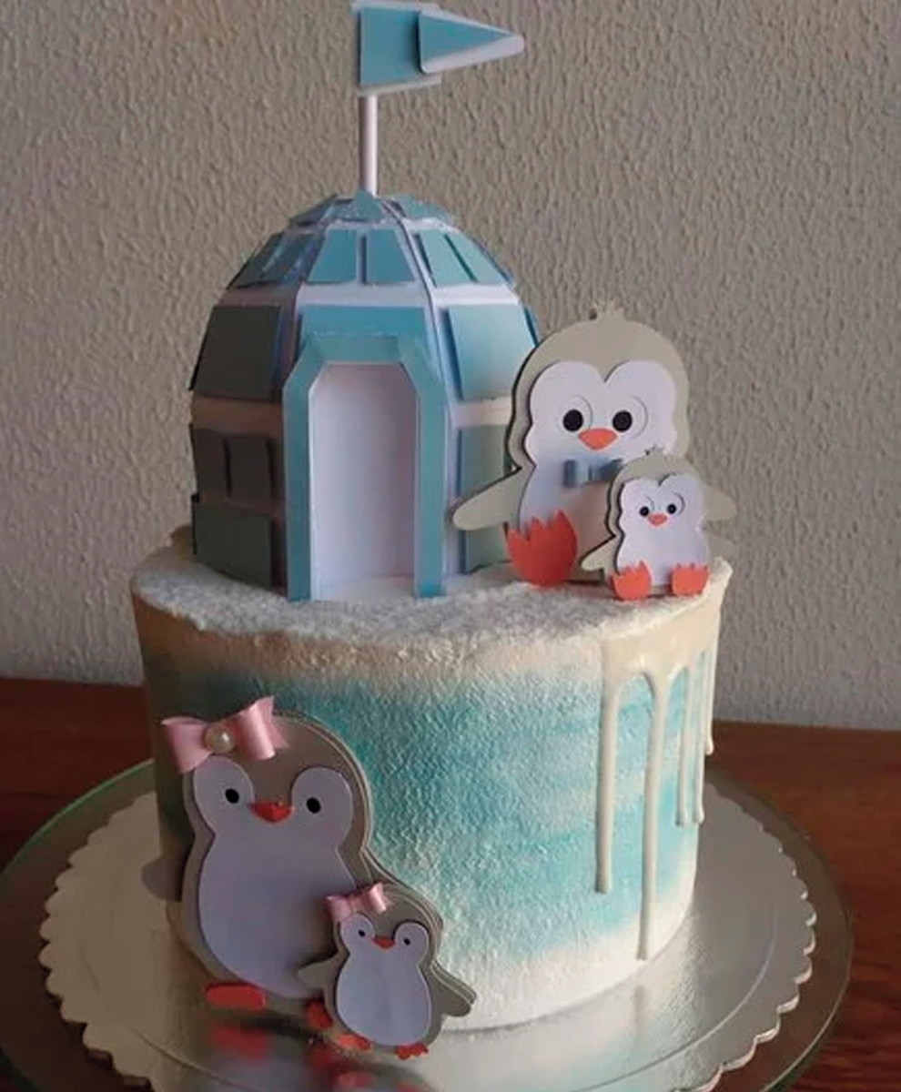 Arquivo Corte: Topo de Bolo Pinguim Fofo + Iglu 3d 001