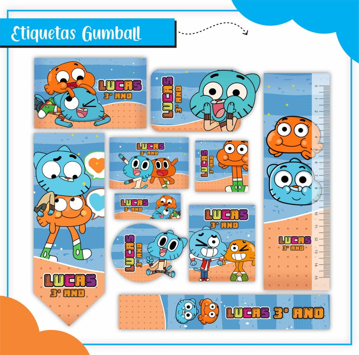ARQUIVO DE CORTE ETIQUETA ESCOLAR GUMBALL #2817 STUDIO E PDF