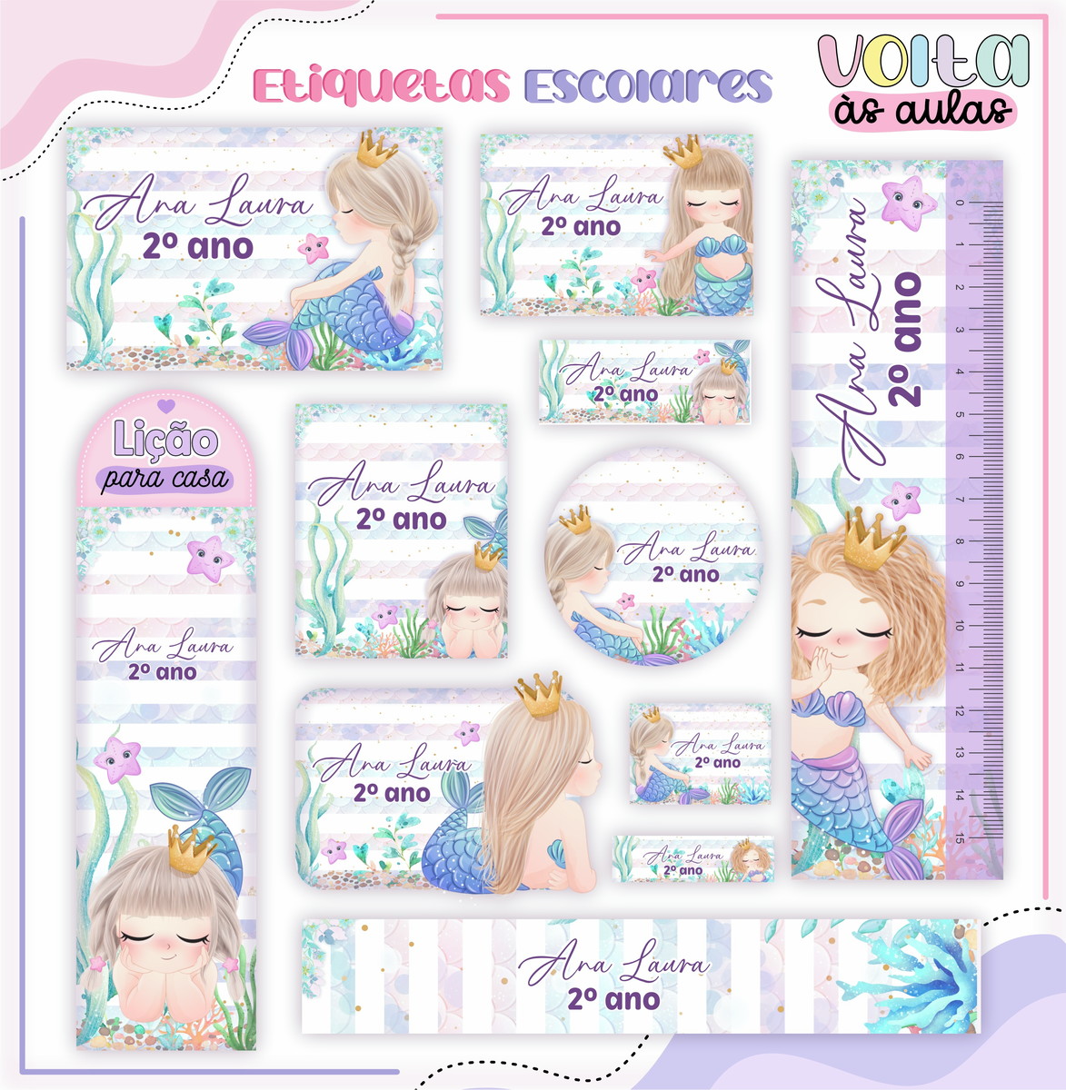 Arquivo de Corte - Etiqueta Escolar (sereia) F