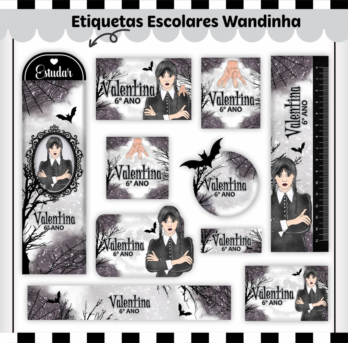 Arquivo de Corte Etiqueta Escolar Série Wandinha 2023 #15668