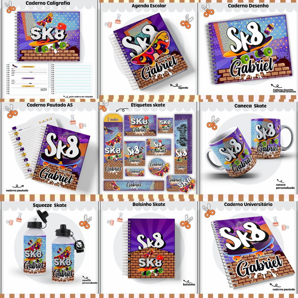 Arquivo de Corte Kit Completo Escolar Tema Skate 2023 #15648