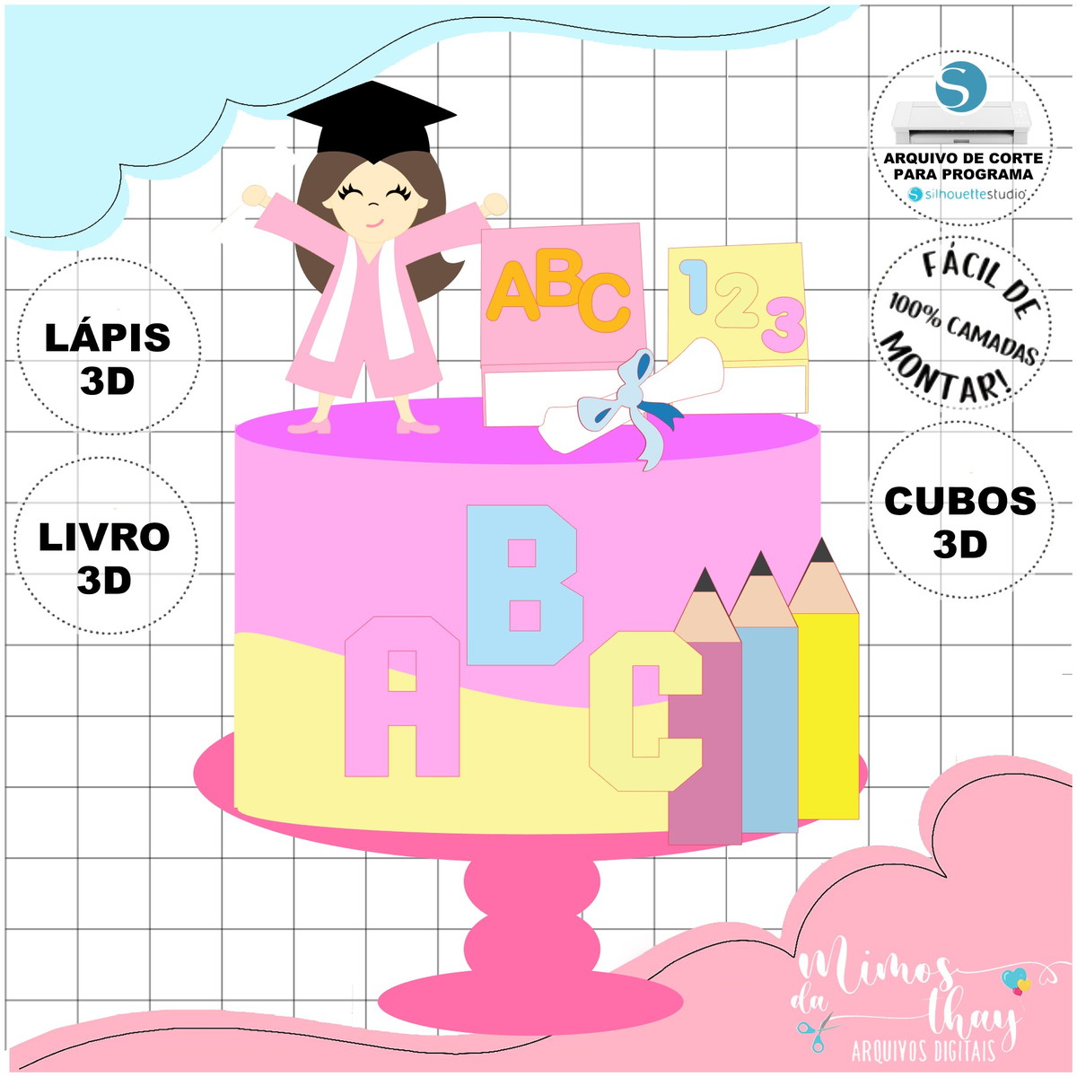Arquivo de Corte: Topo de Bolo Formatura Abc Rosa 3d 020