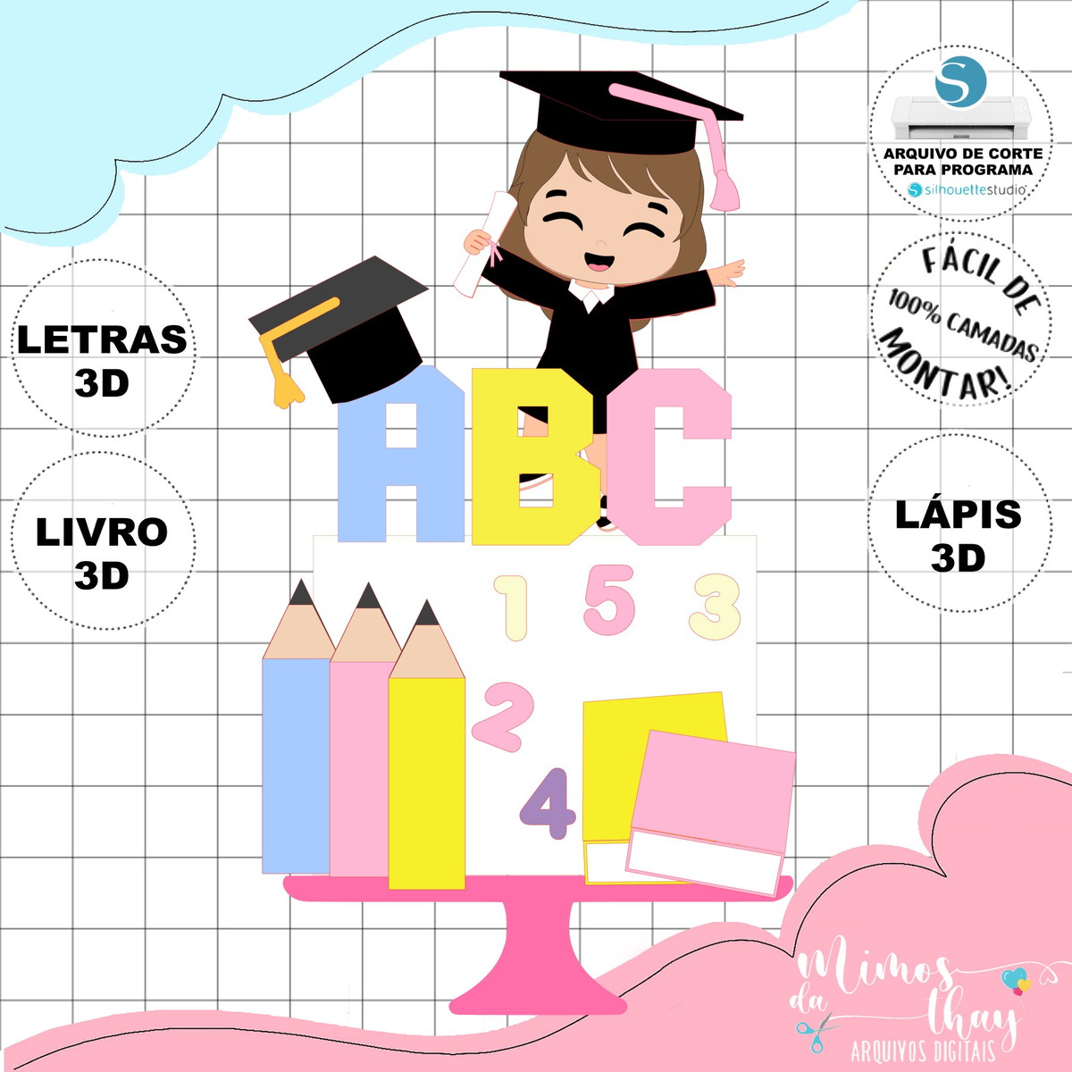 Arquivo de Corte: Topo de Bolo Formatura Menina Abc 3d 022