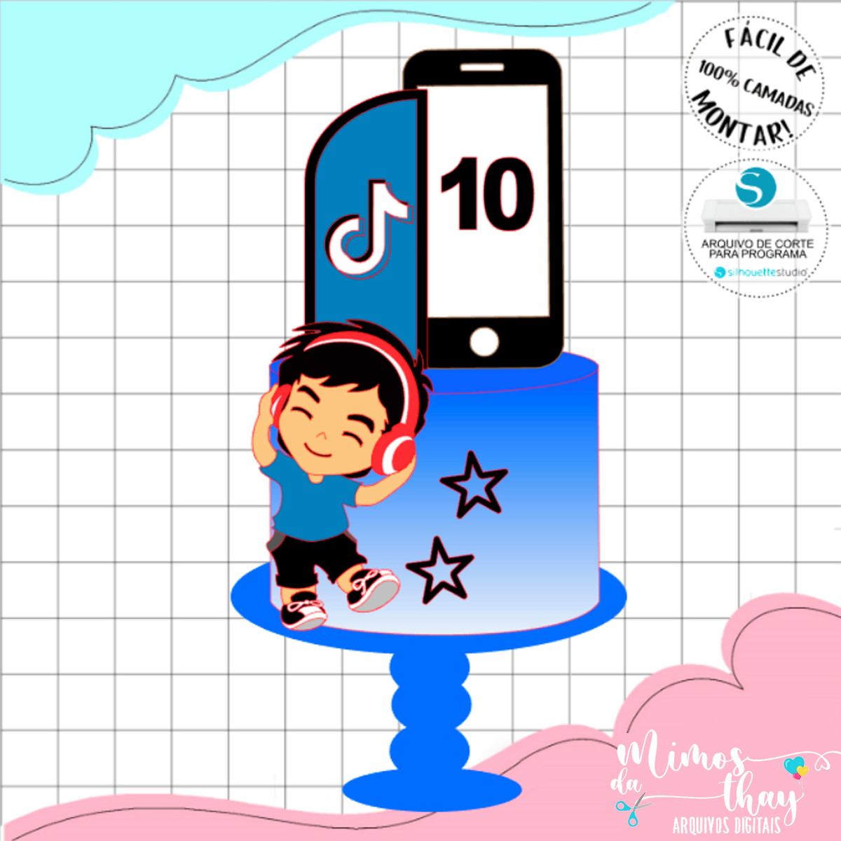 Arquivo de Corte: Topo de Bolo Menino com Fone Tik Tok 007
