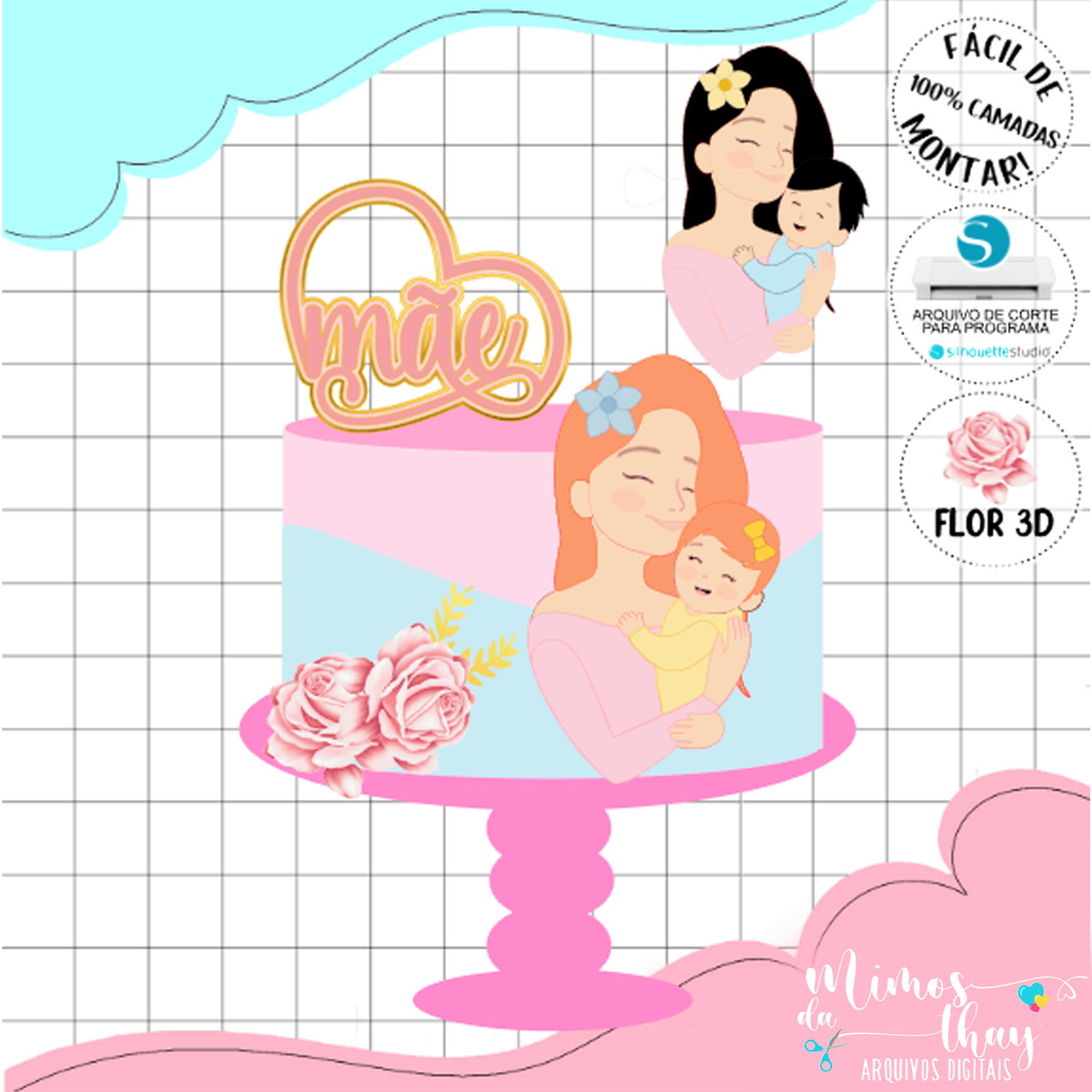 Arquivo de Corte: Topo Dia das Mães Mãe e Filhos + Flor 058