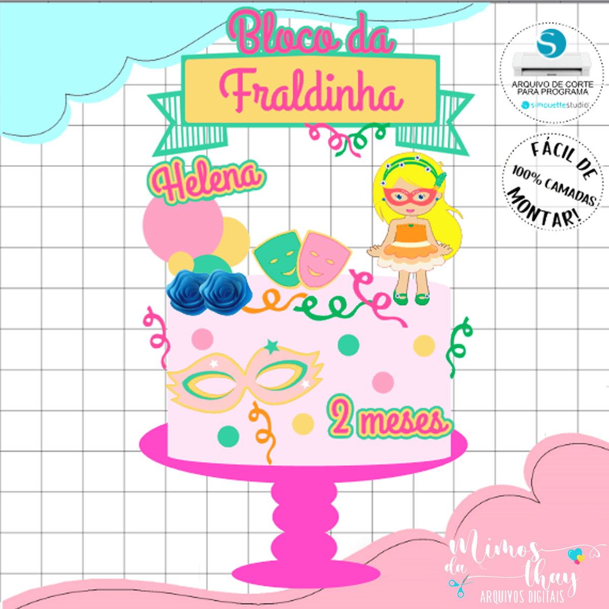 Arquivo de Corte: Topode Bolo Carnaval Menina +flor 3d 059