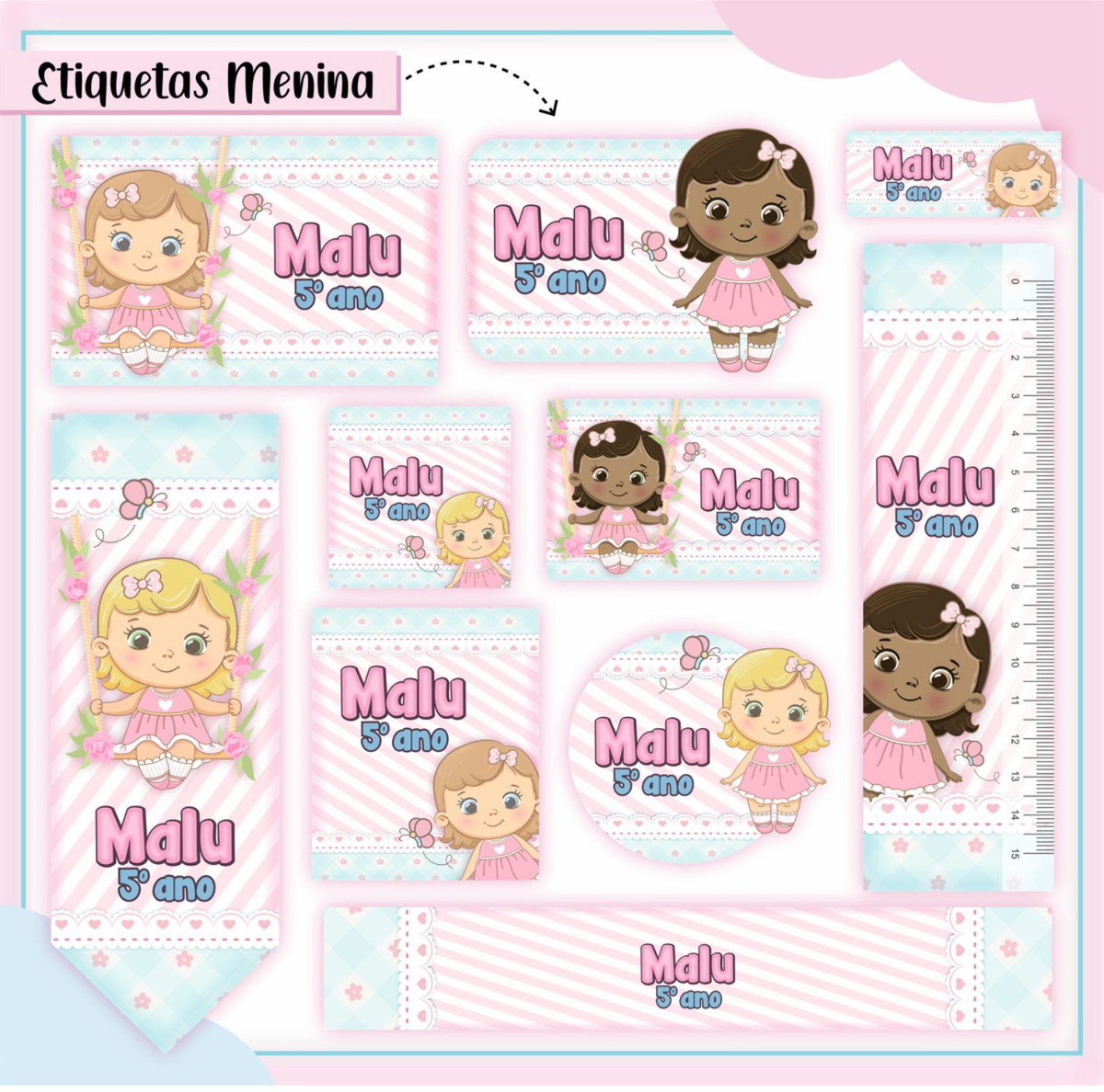 ARQUIVO ETIQUETA ESCOLAR BONEQUINHA MENINA #2809 STUDIO PDF