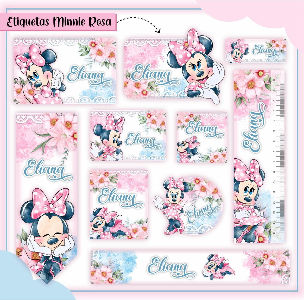 ARQUIVO ETIQUETA ESCOLAR MINNIE ROSA #2807 STUDIO E PDF