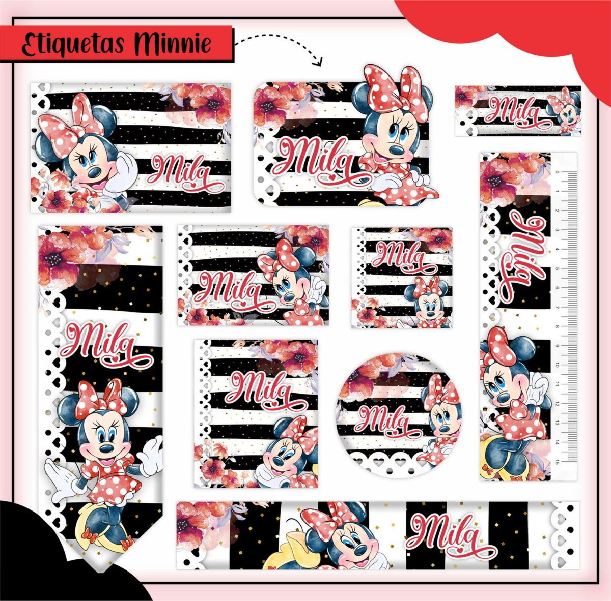 ARQUIVO ETIQUETA ESCOLAR MINNIE VERMELHA #2806 STUDIO E PDF