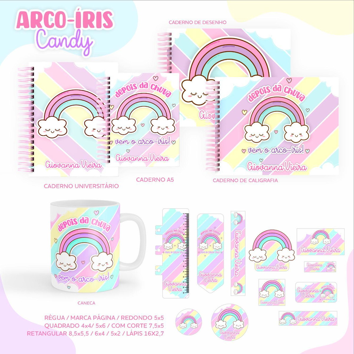 Arquivo Kit Etiquetas Escolares Arco-íris Candy #11331