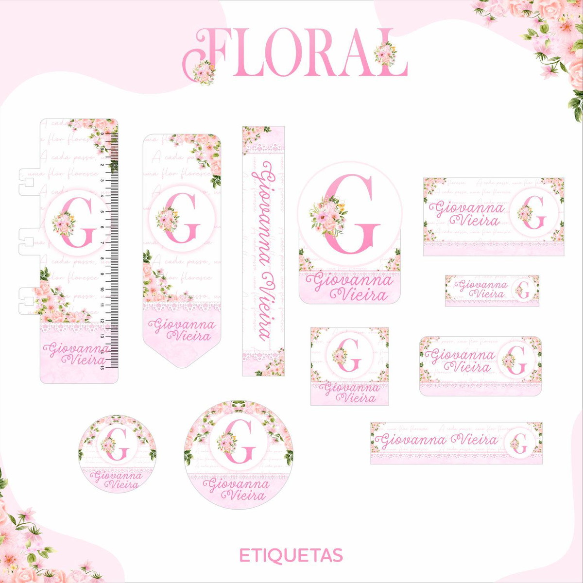 Arquivo Kit Etiquetas Escolares Floral com Letra #11333 - Imagem 2