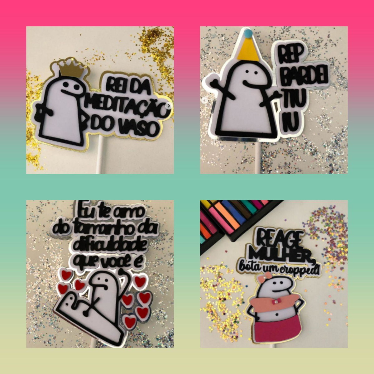 ARQUIVO TOPO DE BOLO KIT FLORK MEMES #13748