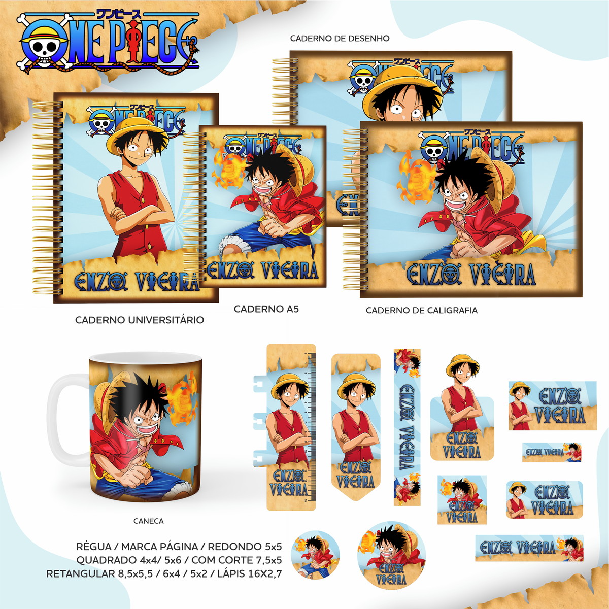 Kit c/ 5 Arquivos: 13 - KIT ESCOLAR ETIQUETAS ONE PIECE