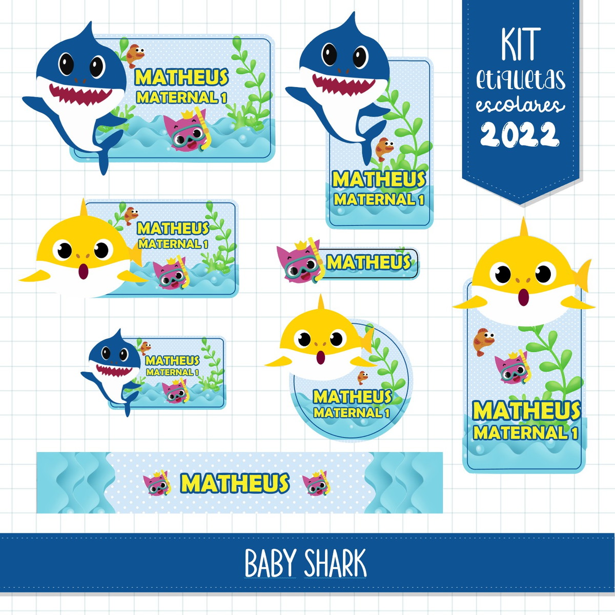 Kit c/ 5 Arquivos: ETIQUETAS BABY SHARK VM
