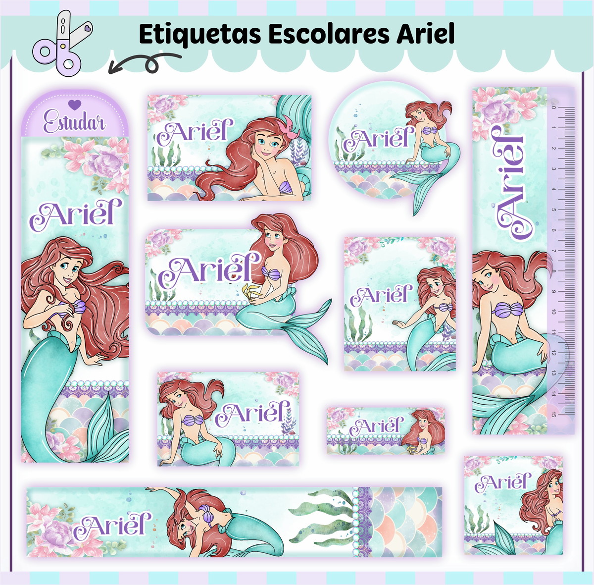 Arquivo de Corte - Etiqueta Escolar (a Pequena Sereia) F