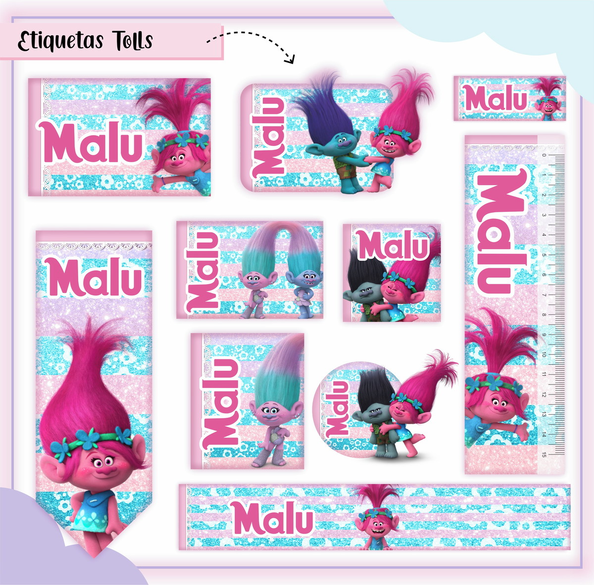 Arquivo de Corte - Etiqueta Escolar (trolls) a