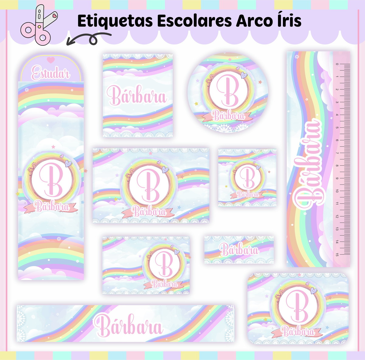 Arquivo de Corte - Etiqueta Escolar (arco-íris) e